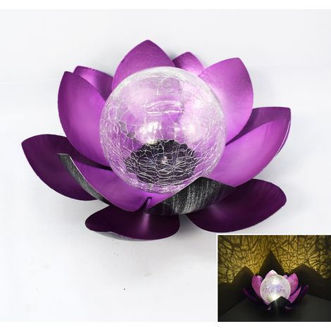 Lampe solaire à LED en forme de lotus en verre craquelé - Décoration de jardin - Lanterne en métal - Lampe de table d'extérieur (violet)