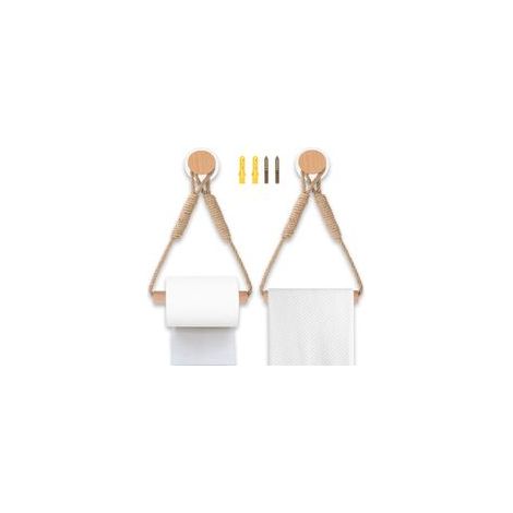 Lot de 2 PortePapier Toilette Mural en Bois et Corde Design Rustique, Sans Perçage, Idéal pour Salle de Bain et Décoration Industrielle
