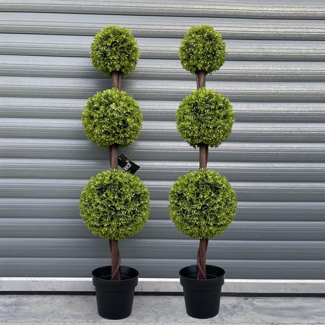 120cm Pair of Green Triple Ball Topiary Trees (1/3)