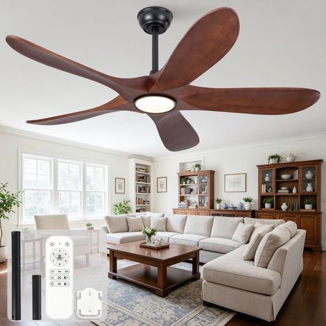 Ventilateur plafond 5 pales bois massif, moteur DC cuivre‑pur silencieux, 6 vitesses réversible, minuterie mémoire, télécommande support mural, plafond incliné 15° (1/5)