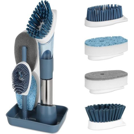 4 en 1 Brosse à Vaisselle avec Distributeur de Liquide, Brosse pour Vaisselle avec Manche et Support, Brosse de Cuisine Rechangeable pour Lavage Vaisselle, Nettoyage Casserole Poêle Évier, Bleu (1/5)