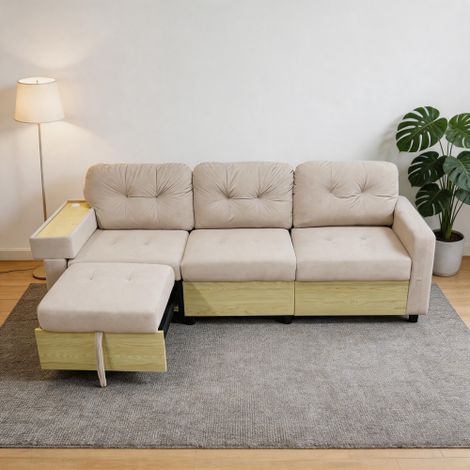 Modulares 3-Sitzer Ecksofa mit ausziehbarer Ottomane, USB-Anschluss, Stauraum & Holztischarm, Samtstoff Couch mit Hochdichtes Schaumstoff, Wohnzimmer Sofa in Grün,Beige
