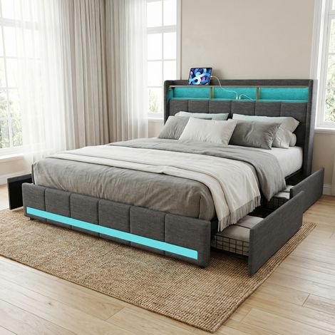 Lit avec 4 tiroirs 140x190, lit double capitonné avec éclairage LED, tête de lit avec rangement, lit adulte avec ports USB/Type-C, tissu lin, style moderne/scandinave(140x190cm, Gris)