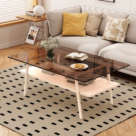 Table basse en verre trempé, table basse rectangulaire, pieds en métal, table de salon moderne, blanche et marron - H 42,5 / L 98 / P 58 cm (1/5)