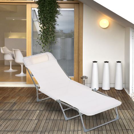 Klappbare Gartenliege mit verstellbarer Rückenlehne und Kissen, aus Metall und Texteline, 182 x 56 x 28 cm, Creme