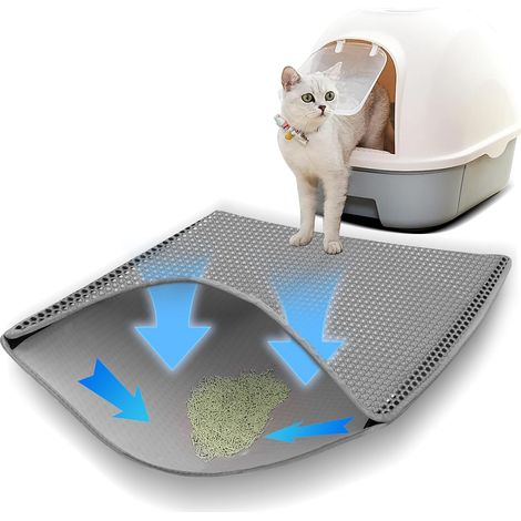 Tapis de litière pour chat 90 x 60 cm pour bassin de litière pour chat et WC gris  structure en nid d'abeille à deux niveaux, antidérapante activités hors cabine (1/5)