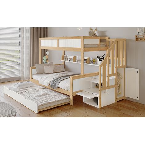 Etagenbett 252/128,5/148 cm Weiß/Natur aus Kiefer und MDF mit Rollbett und Stauraumtreppe (1/5)