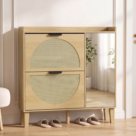 Meuble à Chaussures 10 Paires, Armoire à Chaussures, Porte en Miroir, 2 Tiroirs Rabattables et Étagères Réglables, Chêne (1/5)