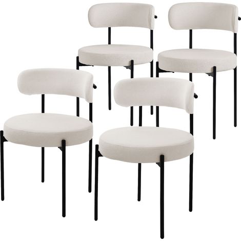 ML-Design Lot de 4 Chaises de Salle à Manger, en Tissu Teddy Polyester, Blanc, avec Dossier, Chaise Ronde Rembourrée avec Pieds Métalliques Noirs, Fauteuil Lounge Ergonomique de Salon Cuisine Bureau (1/5)