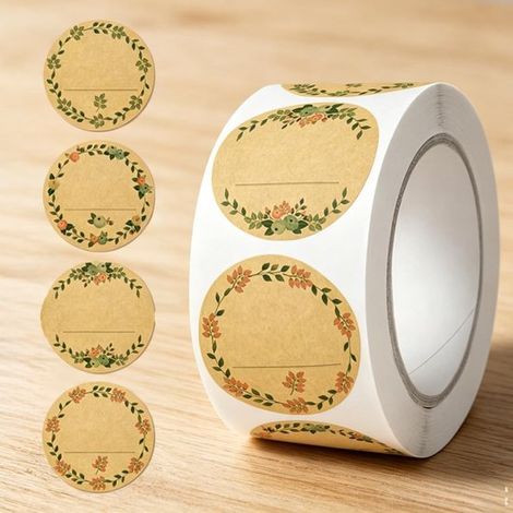 500 étiquettes autocollantes - Étiquettes pour pots de confiture - Étiquettes de fermeture - Motif floral - Pour pots de confiture et pots à épices - Papier - Brun (1/5)