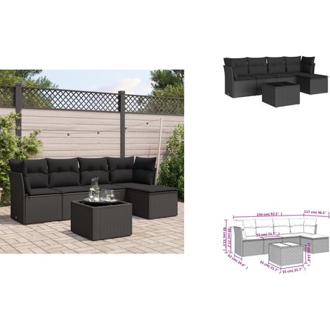 6-tlg. Garten-Sofagarnitur mit Kissen Schwarz Poly Rattan - Gartenmöbel Set - PE-Rattan Möbel - Outdoor Sofa - Esstisch - Lounge Set (1/3)