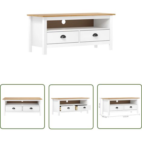 The Living Store Meuble TV Hill Range Blanc 110x40x47 cm Bois de pin solide - Meuble Tv - Meuble Tv Bois - Meuble Tv Design - Meuble Tv Rustique - Buffet Tv (1/4)