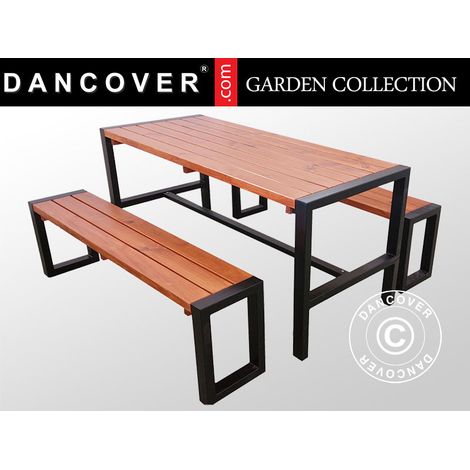 Picknicktisch mit 2 Bänken, 166x70cm/150x30cm, Dunkles Holz/Schwarz - Dancover