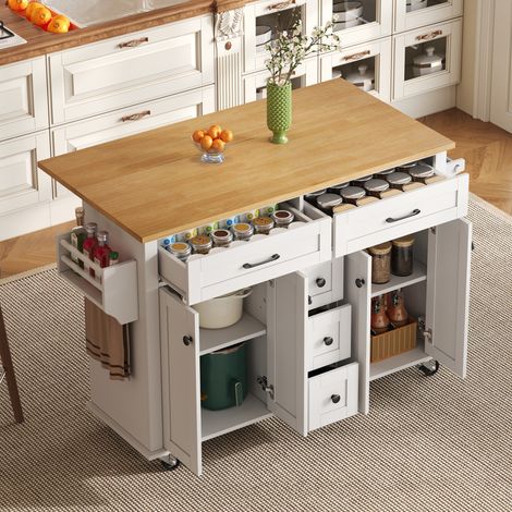 Multifunktionaler Küchenwagen mit ausklappbarer Arbeitsplatte, 120×65 cm erweiterbar, mit 5 Schubladen, Schränken, Gewürz- & Handtuchhalter, auf Rollen – Kücheninsel für Küche, Esszimmer & Wohnzimmer