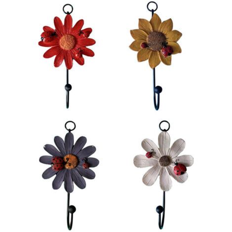 Un ensemble de 4 crochets muraux en résine, motif floral, style rustique, adaptés à la décoration murale. (1/4)