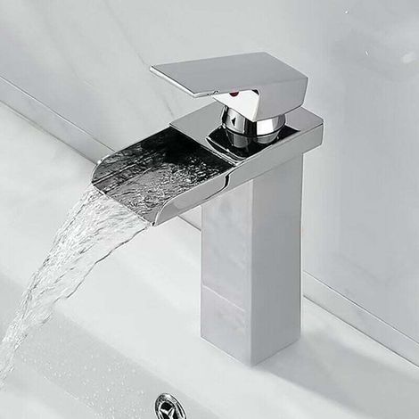 Robinet cascade noir pour salle de bain, mitigeur lavabo haut style chute d'eau. En laiton, commande unique, bec élevé, design contemporain pour une salle de bain moderne.