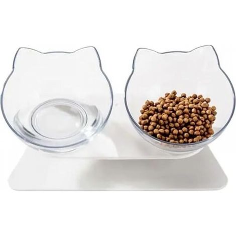 Gamelle pour chat double surélevée, inclinaison de 15°, station d'alimentation surélevée pour animaux de compagnie, nourriture et eau anti-vomissements, support antidérapant, design d'oreilles de chat (1/5)