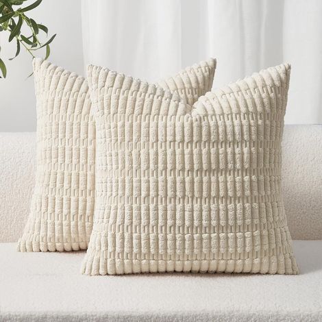 Lot 2 housses de coussin 40 x 40 cm en velours côtelé crème (1/5)