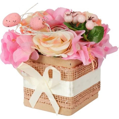 Decorazione pasquale per la fioriera con uova rosa e fiori artificiali. (1/3)