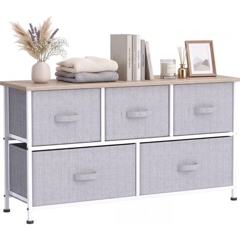 Commode à 5 tiroirs en tissu, meuble de chambre, structure en métal, 100 x 30 x 54 cm, grise avec structure en métal robuste et stable facile à assembler avec instructions incluses