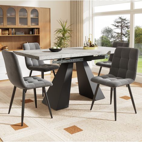 Table à manger extensible 99-159 x 74 x 77 cm avec 4 chaises grises en velours DESVIAE (1/5)