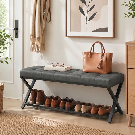 Banc à chaussures, banc d'entrée avec revêtement en similicuir, 112 x 37 x 47 cm, gris foncé (1/5)