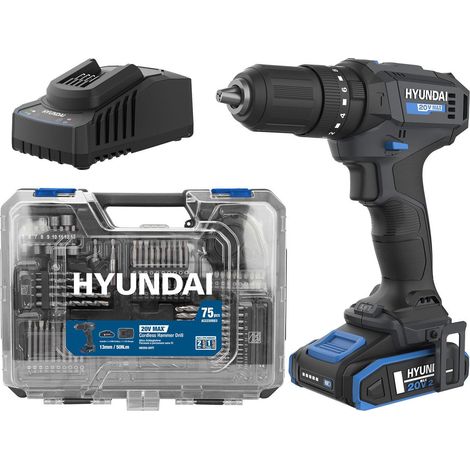Hyundai Perceuse Visseuse à Percussion Sans Fil 20 V 50 Nm - 2 Vitesses, Mandrin 13 mm, Coffret 75 Accessoires (1/5)