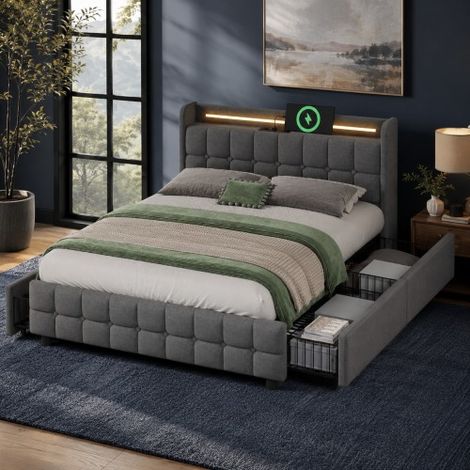 Lit rembourré avec fonction de chargement USB, tête de lit, éclairage LED lit double 160 x 200 cm cadre de lit coffre sommier à lattes en bois (1/5)