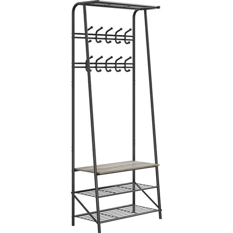 Hallway Shelf - Double Row Hooks - 60cm Wide, Grey Finish - for Entryway, Corridor, Mudroom (1/5)
