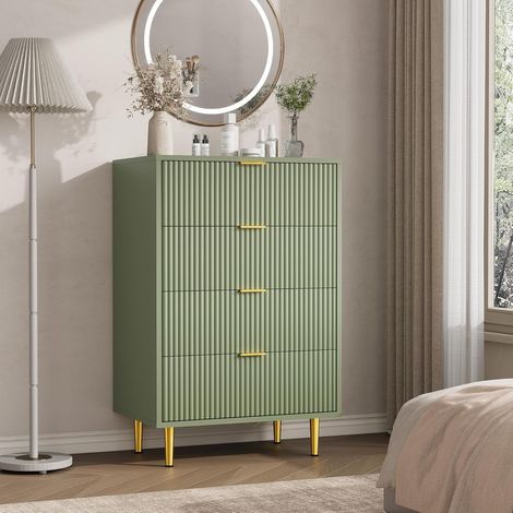 Commode de Chambre à 4 Tiroirs, Commode en Bois Moderne à Façade Cannelée, Table de Chevet 60x40x94 cm avec Poignées, Pieds en Métal, pour Chambre, Salon, Entrée (1/5)