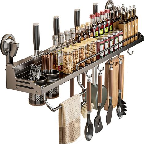 1 Étagère À Épices, Acier Carbone, Sans Perçage, Ventouses, 70cm, Cuisine Salle De Bain (1/5)