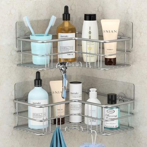 Etagere Douche Angle - Acier Inoxydable SUS304 - Pour Coin 90° Sans Perçage - Avec Crochets - 1 Pièce (1/3)
