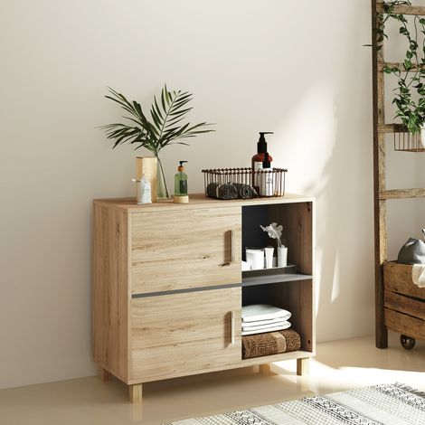 Badezimmerschrank, Aufbewahrungseinheit mit offenen Fächern und Schrankfach, Maße 80 x 35 x 70 cm, Naturholz