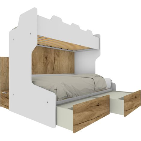 Letto a castello salvaspazio con scala contenitore - 1 Piazza e mezza + singolo - Bianco e Quercia