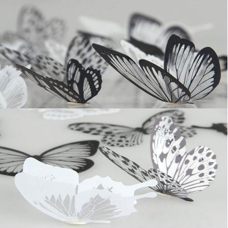 Lot de 36 stickers muraux 3D papillons en PVC noir et blanc – Décoration murale pour chambre et meubles – Facile à démonter – (1/5)
