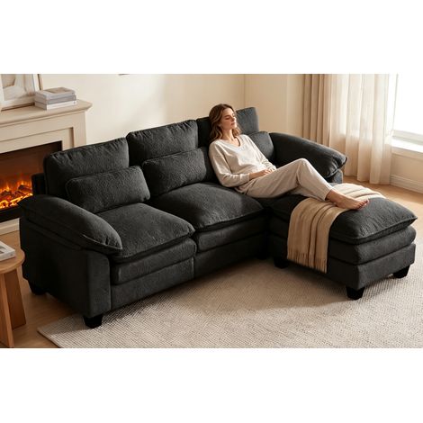Canapé d'angle réversible 226x76x88cm,Canapé modulaire coussins doubles, canapé en L avec pouf amovible, canapé en velours Teddy 4 places Noir