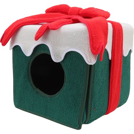 Lit de Noël pour Chat en Forme de Boîte Douce et Confortable, Tente de Noël pour Chat avec Couleurs Vives, Vert (1/5)