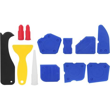 Kit de 12 outils pour mastic plastique, comprenant une spatule, un grattoir et un outil de finition pour colle à verre et silicone, idéal pour le moulage et le jointoiement. (1/5)