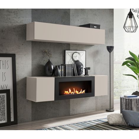 Ensemble meuble TV mural Fly N1 avec cheminée bioéthanol - Bois MDF cachemire - 160 x 150 x 40 cm - Livraison gratuite (1/3)