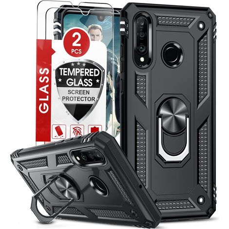Coque pour Huawei P30 Lite/P30 Lite XL New Edition avec 2 Verre trempé, Anneau Support Militaire Double Renforcée Défense Bumper TPU Silicone Antichoc Armure Housse Etui Huawei P30 Lite Noir (1/5)