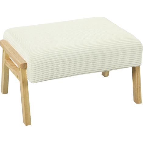 Sitzhocker Hocker mit weichem Sitzkissen Holzbeinen Fußhocker mit Cordoptik Cremeweiß
