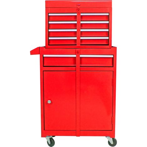 Carrello portautensili in acciaio rosso con ruote, cassetti multipli e armadietto inferiore (1/5)