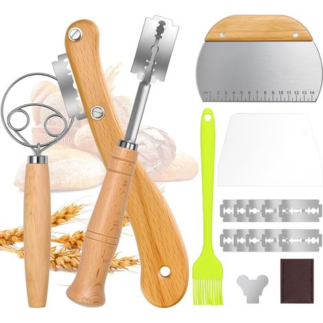 Lame, 6 PCS Grignette Inclure Fouet Danois, 10 Lames Pain de Rechange, 2 Raclettes à Pâte, Pinceau Cuisine pour Maison pour Inciser la Pâte (1/5)