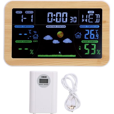 [Higrómetro digital] Reloj meteorológico con estación interior/exterior, pantalla de 24 horas, 3 sensores inalámbricos, rango de medición de humedad del 20 al 95 %, temperatura de -40 °C a 60 °C. (1/5)