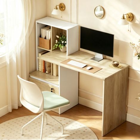 Scrivania da computer con libreria e 4 scomparti, cassetto chiudibile, bianco e rovere chiaro (1/3)