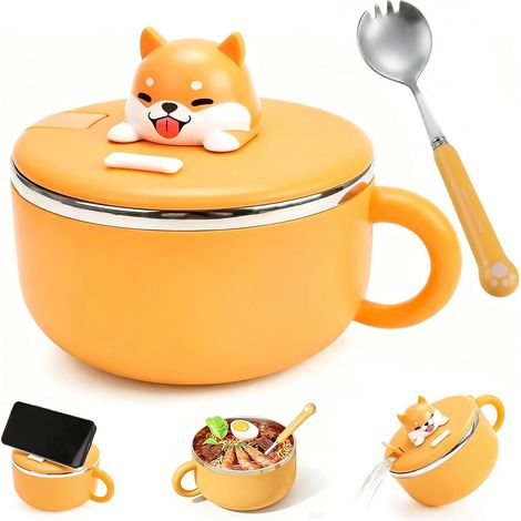 Bol de nouilles instantanées avec poignées 1200 ml,Ramen avec Couvercle et Cuillère,portable en acier inoxydable, pour Soupe, Ramen, Boulettes, Salades (1/5)