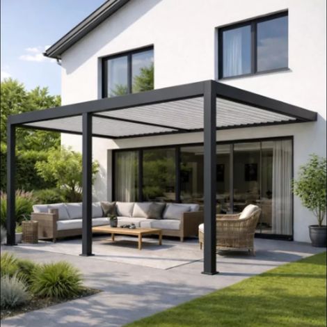 Pergola Bioclimatique motorisée Ombréa 4x8M adossée – Anthracite et Blanc (1/2)