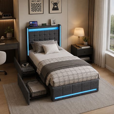 Lit Simple 90x200 cm avec Éclairage LED et Prises USB, Lit Enfant avec 2 Grands Tiroirs, Lit Capitonné avec Sommier à Latte en Bois, pour Ado, Adulte, Lin, Gris (1/5)