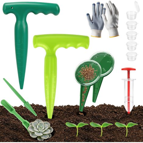 Plantoir Jardinage Kit,Plantoir à Bulbes,Semoir,Gants de Jardin Antidérapants et Étiquettes Végétales,Parfait pour Culture des Tulipes,Jacinthes et Semences,Idéal Balcons et Jardins (1/5)
