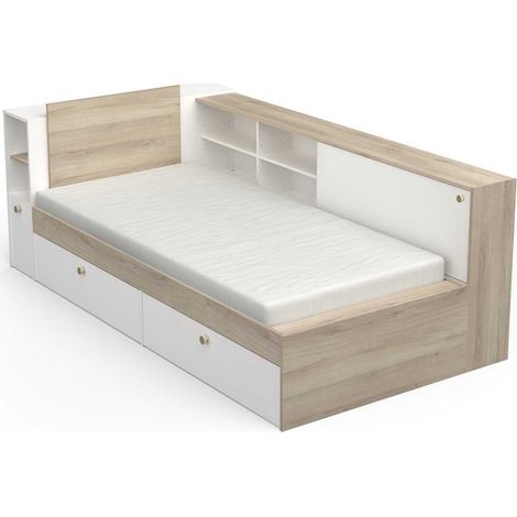 Pegane – Lit enfant avec rangement 90x190/200 cm chêne blanc mat – 2 tiroirs de rangement – Tête de lit multifonction – Dimensions 119,2 x 229,4 x 87,7 cm (1/5)
